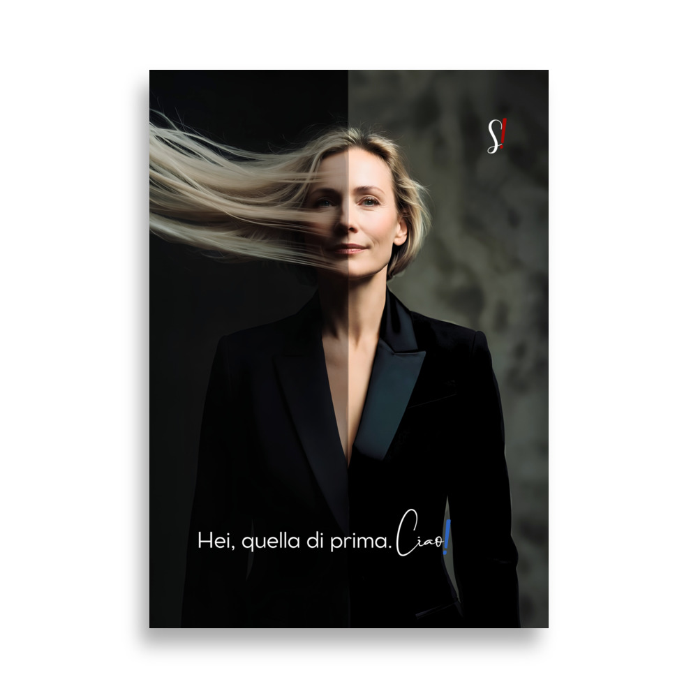 Poster "Hei quella di prima, ciao" (V3) - Ancore Slegata! 1 donna bionda con una parte di capelli normali e l'altra che vola