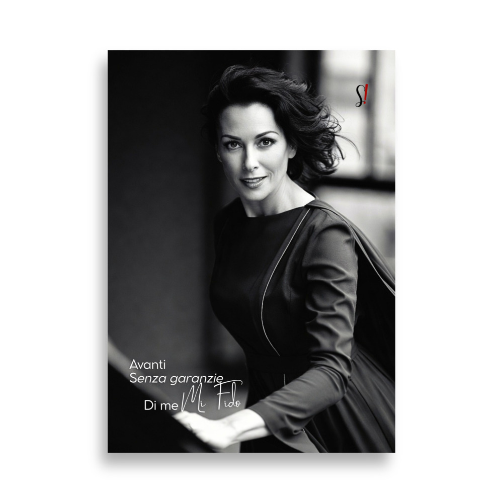 Poster “Avanti senza garanzie. Di me mi fido.” (V2) - Ancore Slegata! 1 Poster di donna in bianco e nero slegata. La donna sale una scala guardando l'obiettivo