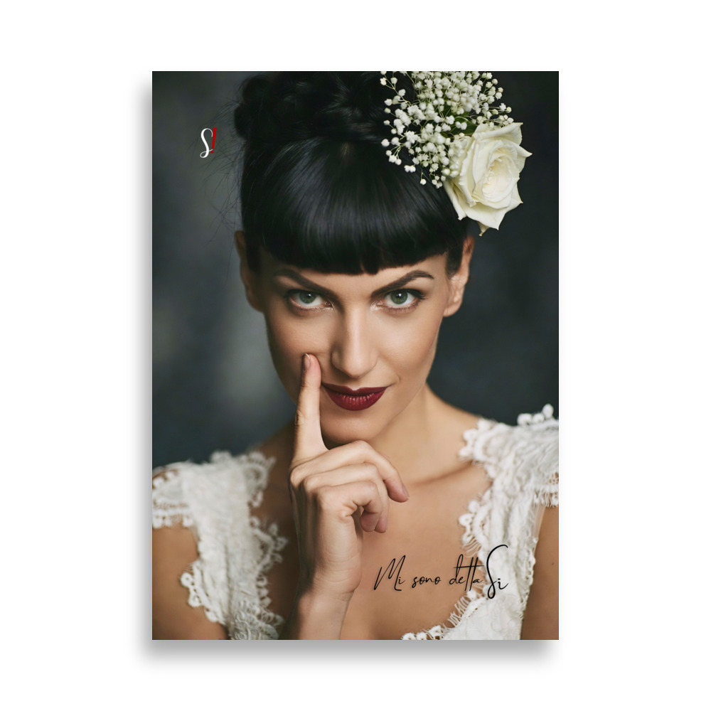 Poster "Mi sono detta Sì" (V2) - Ancore Slegata! 1 primo piano di donna vestita da sposa con un dito sul volto vicino al naso e sguardo ironico perché si è detta sì