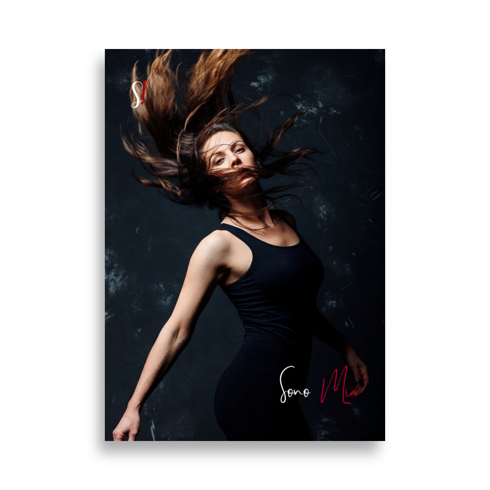 Poster "Sono Mia" V2 ( Dinamico e Colori) - Ancore Slegata! 1 fotografia di donna in un istante di pura liberazione: i capelli al vento, il corpo proteso in avanti e uno sfondo profondo che esalta la figura