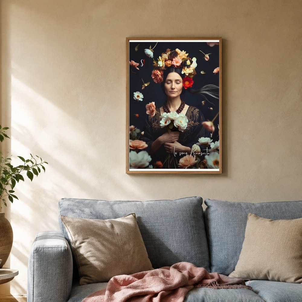 Poster «Io sono Rinascita» 2 Poster «Io sono Rinascita» di Slegata! incorniciato alla parete di un salotto con divano