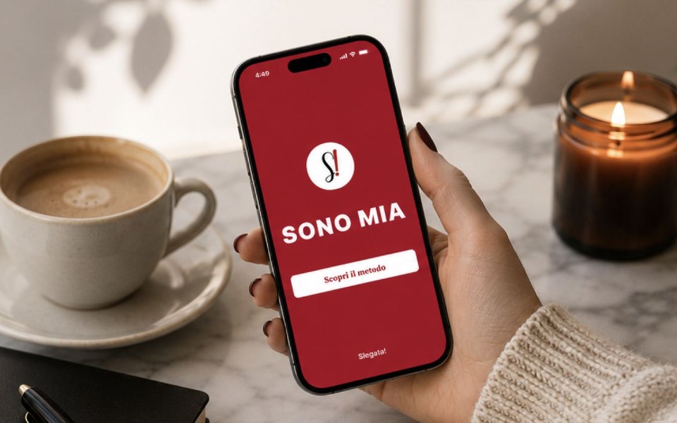 Una donna tiene in mano il telefono con l’app Slegata! aperta sulla schermata Sono Mia