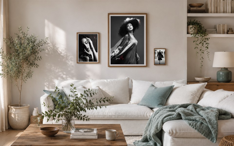 Tre poster Slegata! incorniciati alla parete di un soggiorno, sopra un divano chiaro