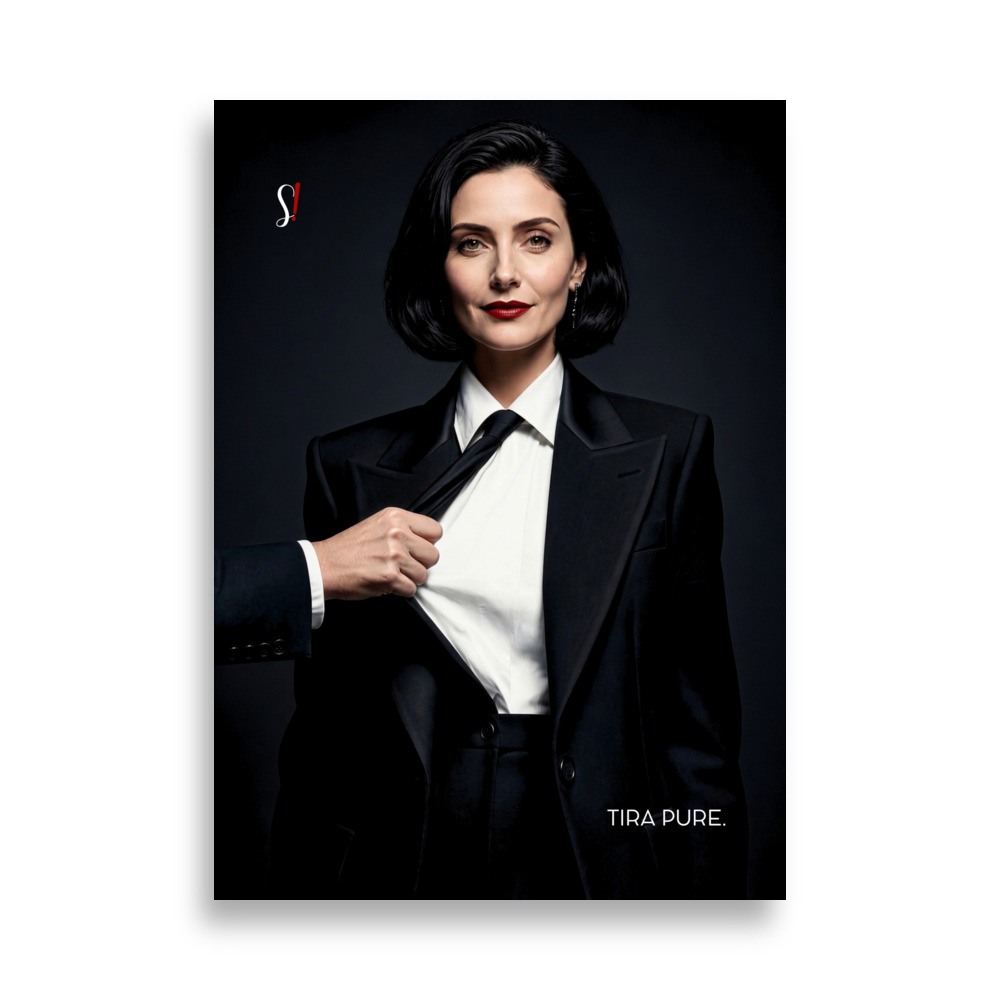 Poster «Tira pure.» · V4 — Cravatta tirata 1 Donna in tailleur nero e rossetto rosso a cui una mano tira la cravatta, poster «Tira pure.» di Slegata!
