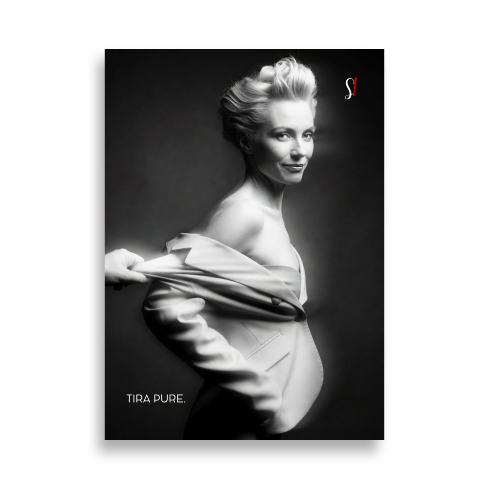 Poster «Tira pure.» · V6 — Giacca bianca 1 Donna dai capelli platino con giacca bianca che scivola dalla spalla, poster «Tira pure.» di Slegata!