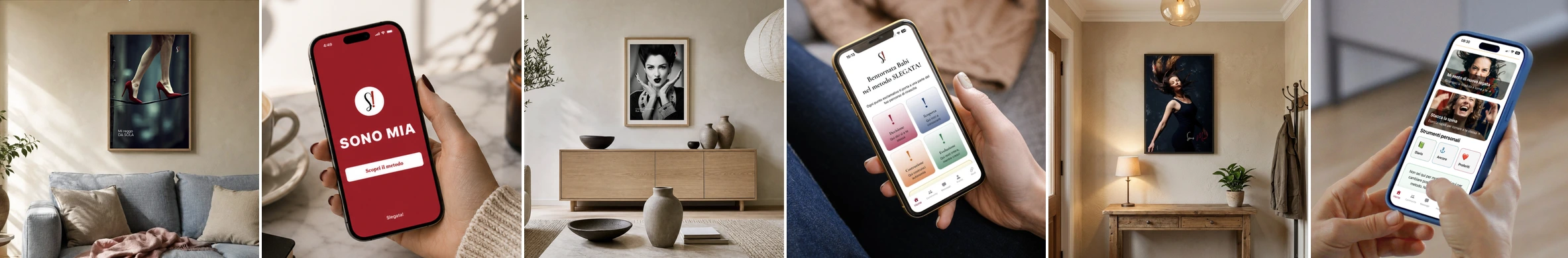 Il Metodo Slegata! 3 Poster Slegata! alle pareti e l’app sullo schermo del telefono