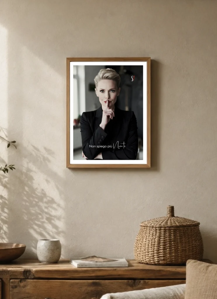 poster con immagine fotografica di donna elegante che fa un gesto per dire non spiego più niente