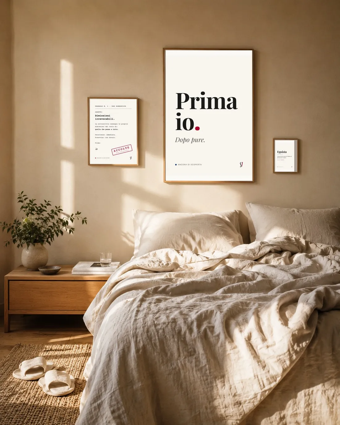 Set Prima io di Slegata!: poster Nero su Bianco «Dimissioni irrevocabili», «Prima io. Dopo pure» ed «Egoista» alla parete di una camera da letto